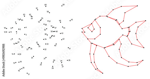 Anglerfish. Side view. Connect the dots educational drawing game. Dot to dot by numbers puzzle. Google Font Fira Sans Condensed.