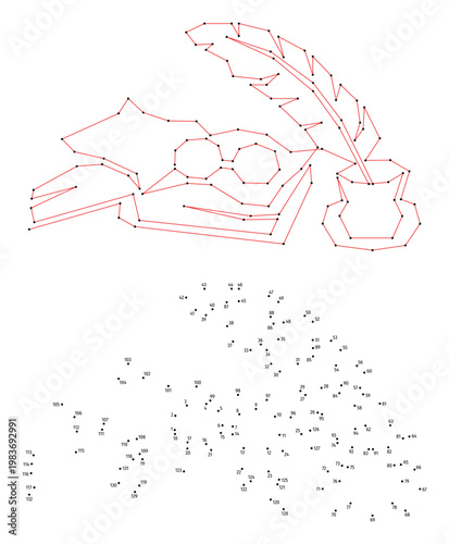 A book, glasses and an inkwell with a quill pen. Connect the dots educational drawing game. Dot to dot by numbers puzzle. Google Font Fira Sans Condensed.