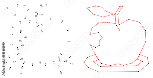A bitten apple on a saucer. Connect the dots educational drawing game. Dot to dot by numbers puzzle. Google Font Fira Sans Condensed.