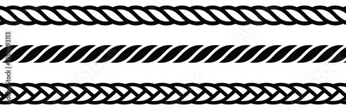 Straight rope vector icon set featuring repeating rope patterns, seamless hemp cord line design for nautical decoration, rustic texture background, and craft illustration use.