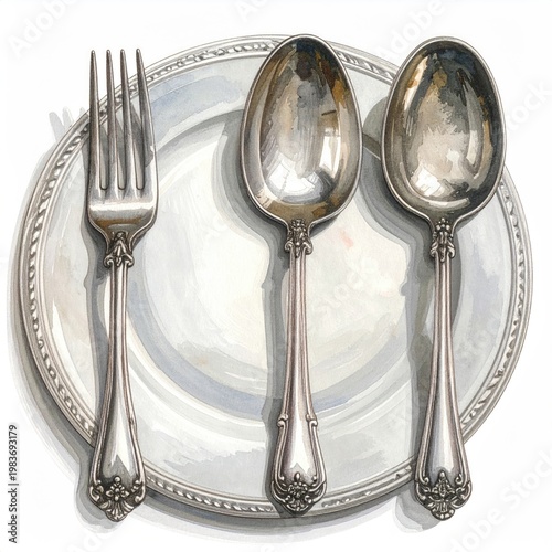 Elegant still life watercolor painting of silver fork and two spoons arranged on a white ornate plate for formal dining