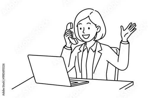 Businesswoman on phone with laptop waving hand businesswoman communication computer business professional