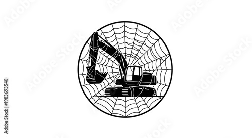 Black and white illustration of excavator in spider web.