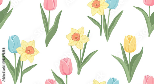 Blooming spring garden featuring pink tulips and yellow daffodils set against a clean white backdrop in a charming floral pattern