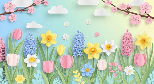 Colorful spring floral garden with blooming hyacinths tulips daffodils and cherry blossoms in pastel paper art style for cards