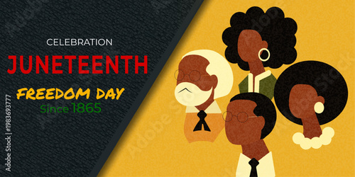 Juneteenth celebration banner for Freedom Day. For social media, posters, banners and cultural awareness campaigns highlighting African American history and unity.