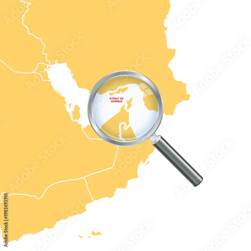 An illustration highlighting the strategic importance of the Strait of Hormuz with a magnifying glass, symbolizing trade blockades, energy security, and regional conflicts.