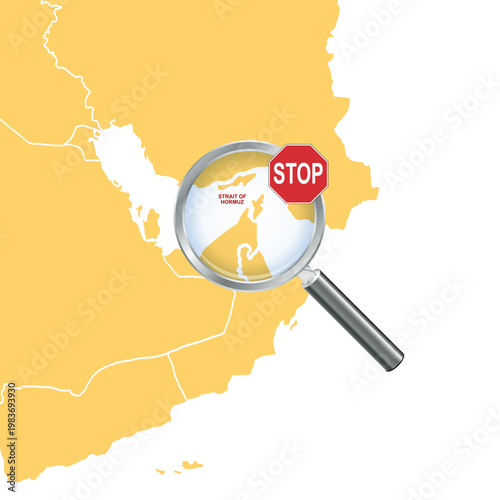 An illustration highlighting the strategic importance of the Strait of Hormuz with a magnifying glass, symbolizing trade blockades, energy security, and regional conflicts.