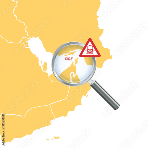 An illustration highlighting the strategic importance of the Strait of Hormuz with a magnifying glass, symbolizing trade blockades, energy security, and regional conflicts.