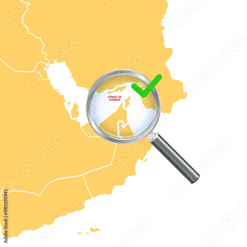 An illustration highlighting the strategic importance of the Strait of Hormuz with a magnifying glass, symbolizing trade blockades, energy security, and regional conflicts.