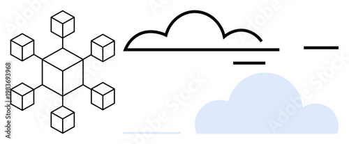 Blockchain, cloud storage, data sharing, technology innovation, network security, decentralized systems. Abstract ion of connected cubes and cloud symbols. Blockchain and cloud storage concepts