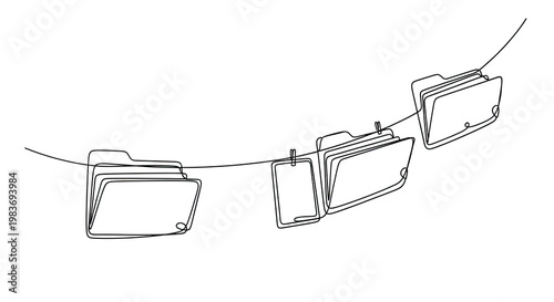 Hanging file folders continuous line art drawing minimal style documents archive concept black outline stationery illustration