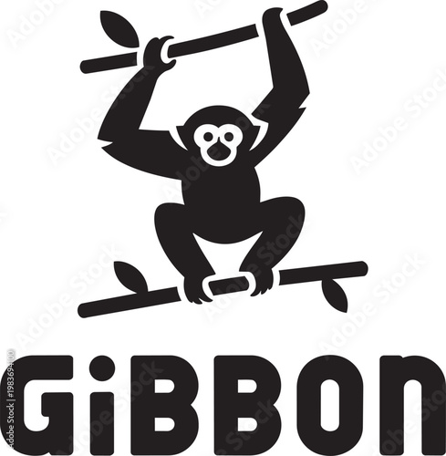 Playful gibbon monkey hanging on a tree branch black and white flat graphic design vector art