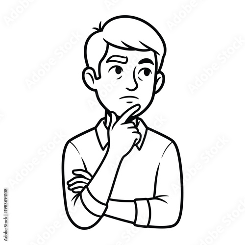 Thoughtful man with hand on chin and arms crossed black and white line drawing thinking face white background