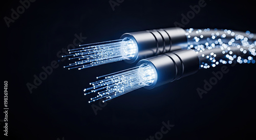 Fiber optic cables glowing with data transmission light for fast internet connection and network communication in a technology concept