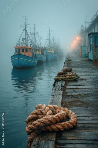Foggy fishing harbor with boats and wooden pier rope creating moody coastal morning atmosphere