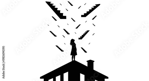 a woman stands on a roof.