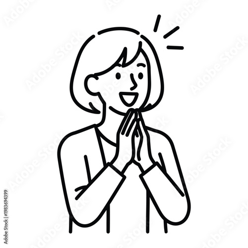 Excited woman with hands clasped in prayer and a radiant smile black and white line drawing well done good luck