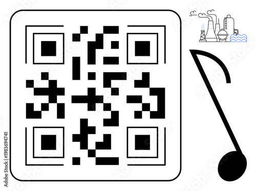 Technology, industrial pollution, art, music integration, environmental issues, QR code usage. A QR code with a factory sketch and a musical note. Technology and industrial pollution topics