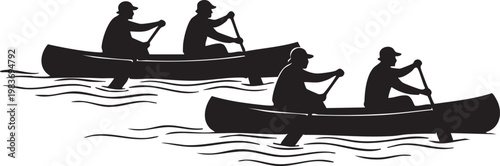 Silhouettes of people rowing on water at sunset boat