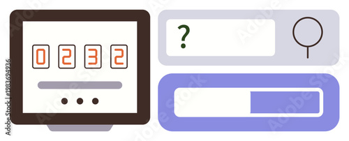 Data management, online search, analytics tools, query systems, information tracking, user interaction. A counter on a screen alongside a search box and progress bar. Data management and online