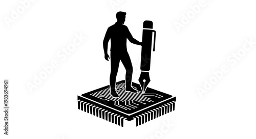 Man with a spanner on microchip.