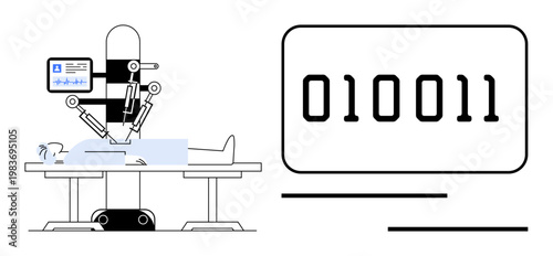 Medical technology, AI advancement, robotic surgery, digital healthcare, data processing, automation. Robot performing surgery, binary code on the side. Medical technology and AI advancement concept