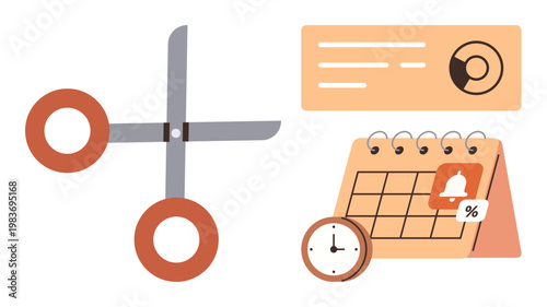 Budgeting, financial planning, scheduling, time management, cost reduction, business organization. Scissors, calendar with alert clock financial chart. Budgeting and financial planning concepts