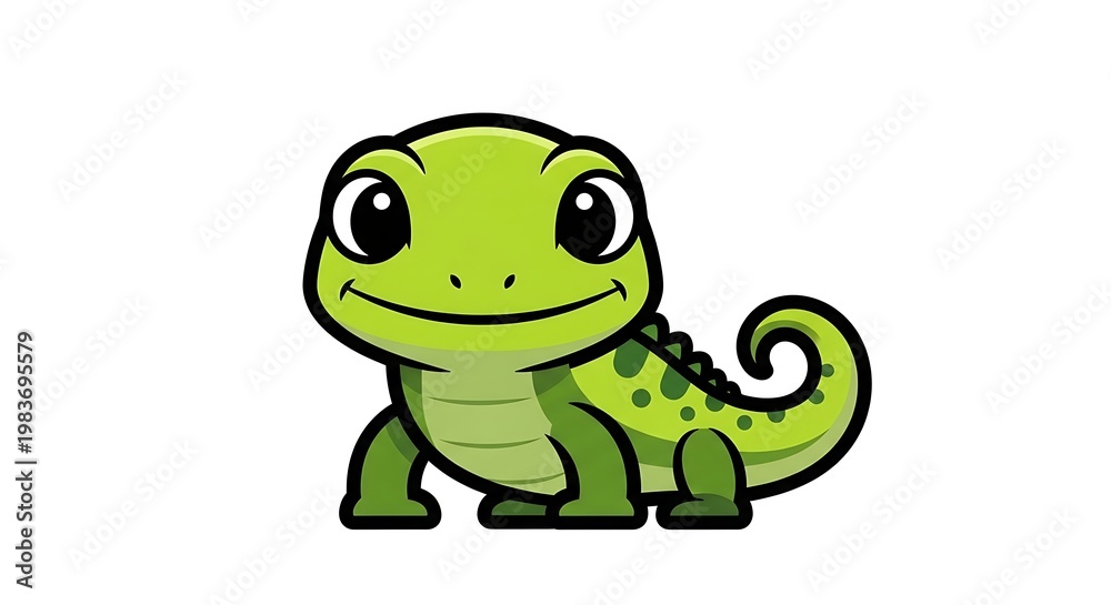 Fototapeta premium Charming Lizard Illustration: An adorable, smiling cartoon lizard with vibrant green skin, a delightful illustration, ready to bring smiles and joy.