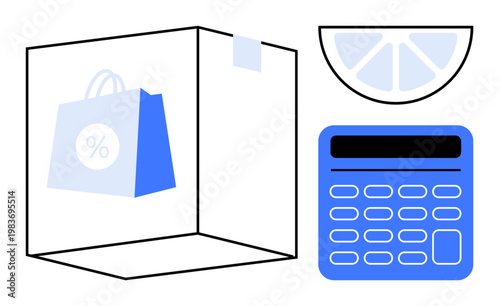 E-commerce, retail analysis, financial planning, budgeting, online shopping, savings. Blue calculator, shopping bag with discount symbol slice illustration. E-commerce and financial planning concept