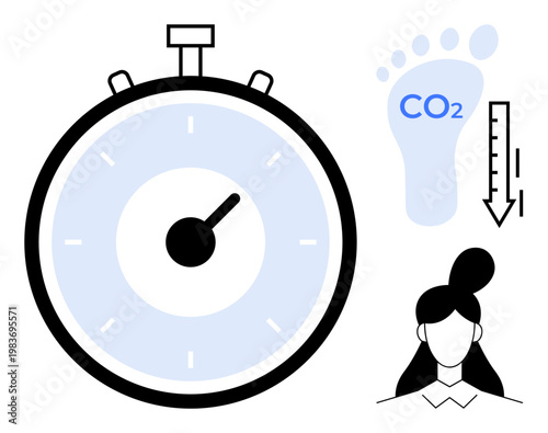 Environmental awareness, sustainability, time management, climate change, carbon footprint, global warming solutions. Stopwatch, CO2 footprint temperature drop woman profile. Environmental