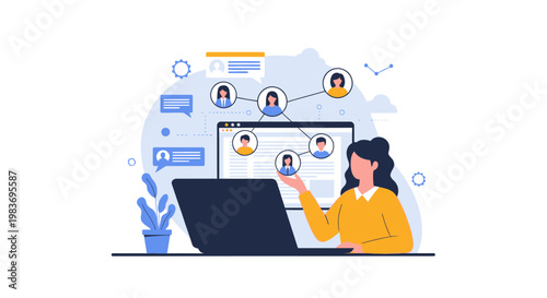 woman working on laptop with social media connections.