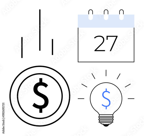 Budget planning, business ideas, time management, innovation, economic growth, scheduling. Minimalist graphic a calendar, dollar sign lightbulb and lines. Financial planning and business ideas
