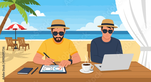 Two men working on devices at beach.
