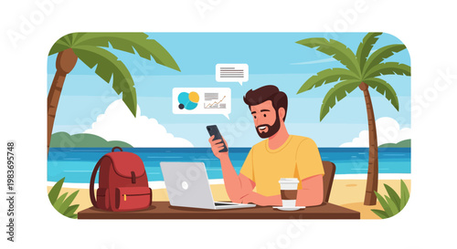 Man working remotely on a beach.