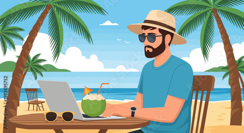 Man working remotely on laptop at beach.