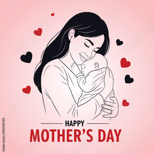 Loving mother and baby illustration with hearts for mother's day