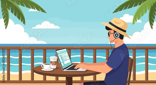 Man working on laptop at beachside cafe.