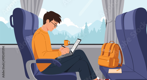 Man sitting on a train with laptop.