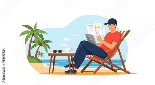 Man relaxing on beach with laptop.