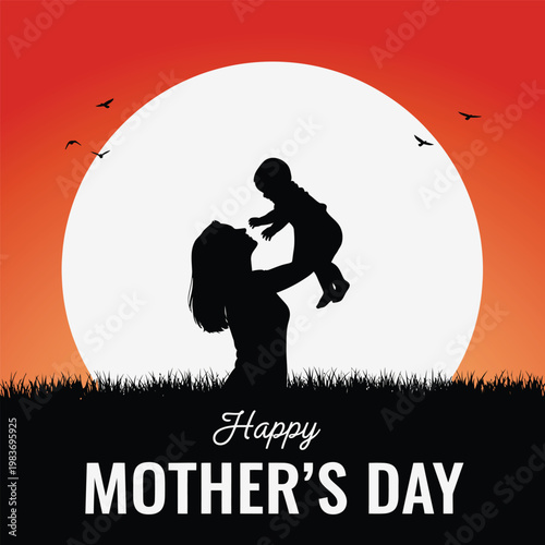 Mother and child silhouette with moon background happy mother's day