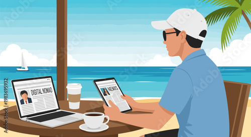 Man working remotely on laptop and tablet at beachside cafe.