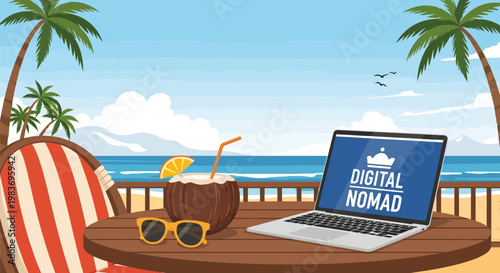 Digital nomad working on laptop at beach.