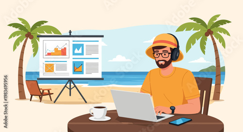 Man working remotely on laptop at beach.