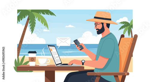 Man working remotely on laptop at beach.