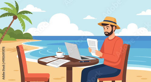 Man working remotely on a tropical beach.