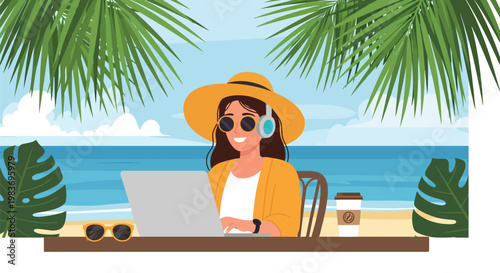 Woman working remotely on laptop at beach.