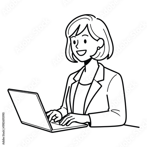 Businesswoman in blazer using laptop computer at desk with white background businesswoman computer professional