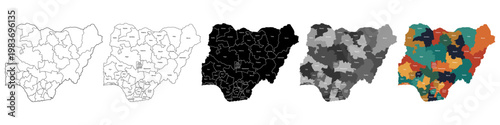 Fotografia Nigeria map set with administrative state boundaries in multiple styles includin