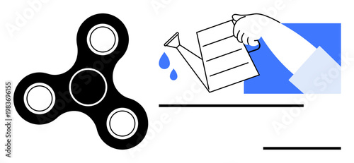 Creativity, relaxation, mindfulness, focus exercises, stress relief, modern hobbies. Black fidget spinner and hand watering with drops. Creativity and relaxation concept for daily mindfulness ideas